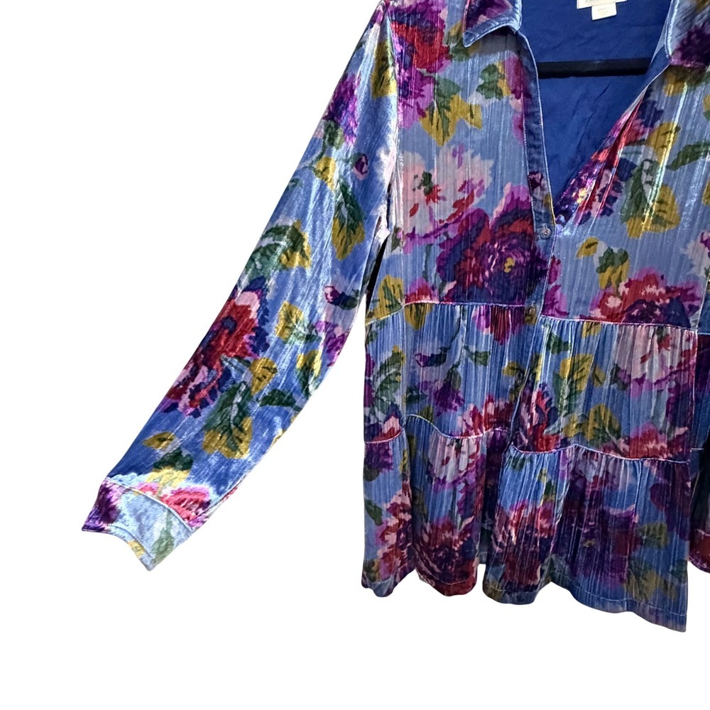 Maeve Anthropologie Blue Floral Velvet Burnout Tiered Tunic Mini Dress Small - Picture 5 of 8